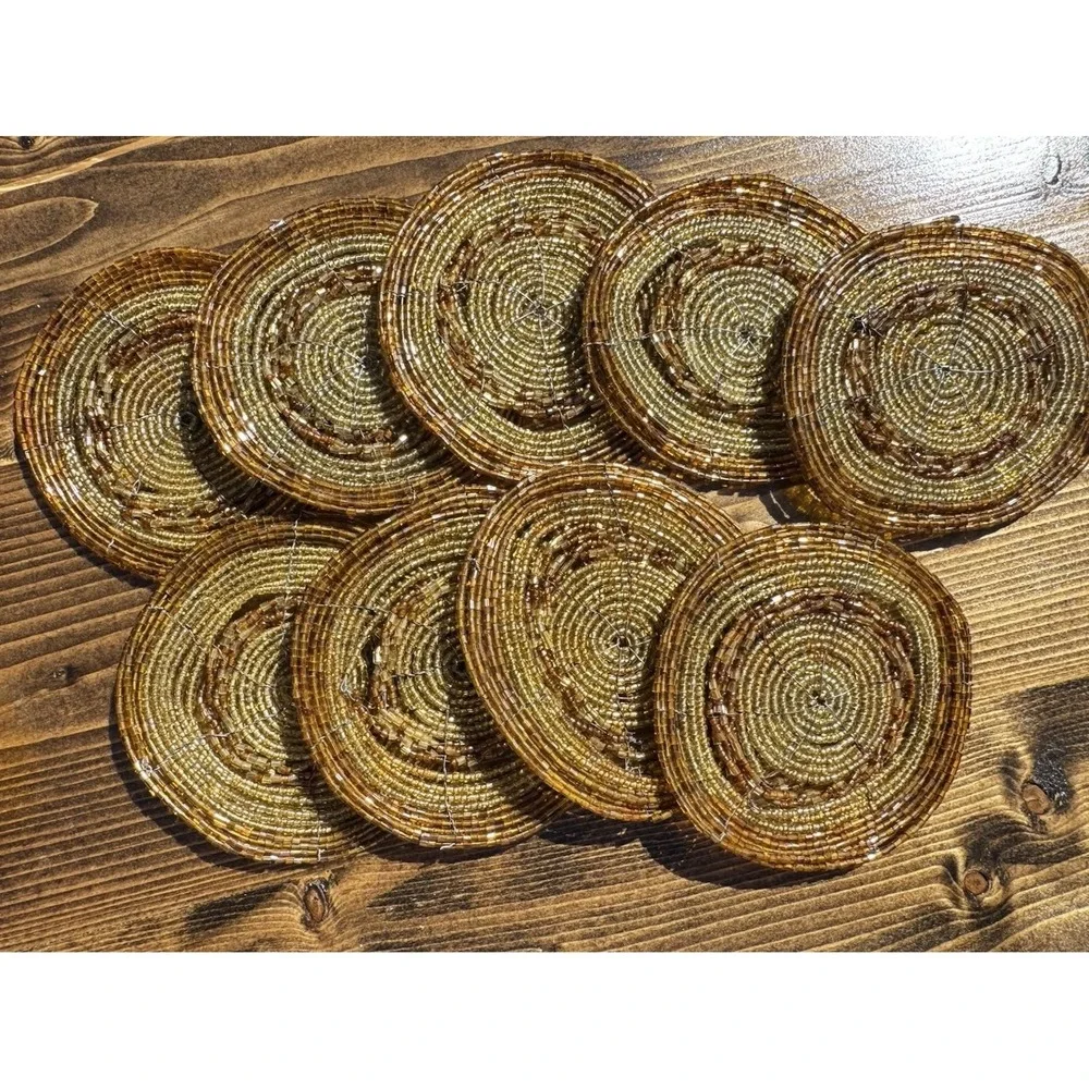 Vintage‎ Glass Beaded Coaster Set 9 Round Amber Gold Handmade Boho Bar Decor